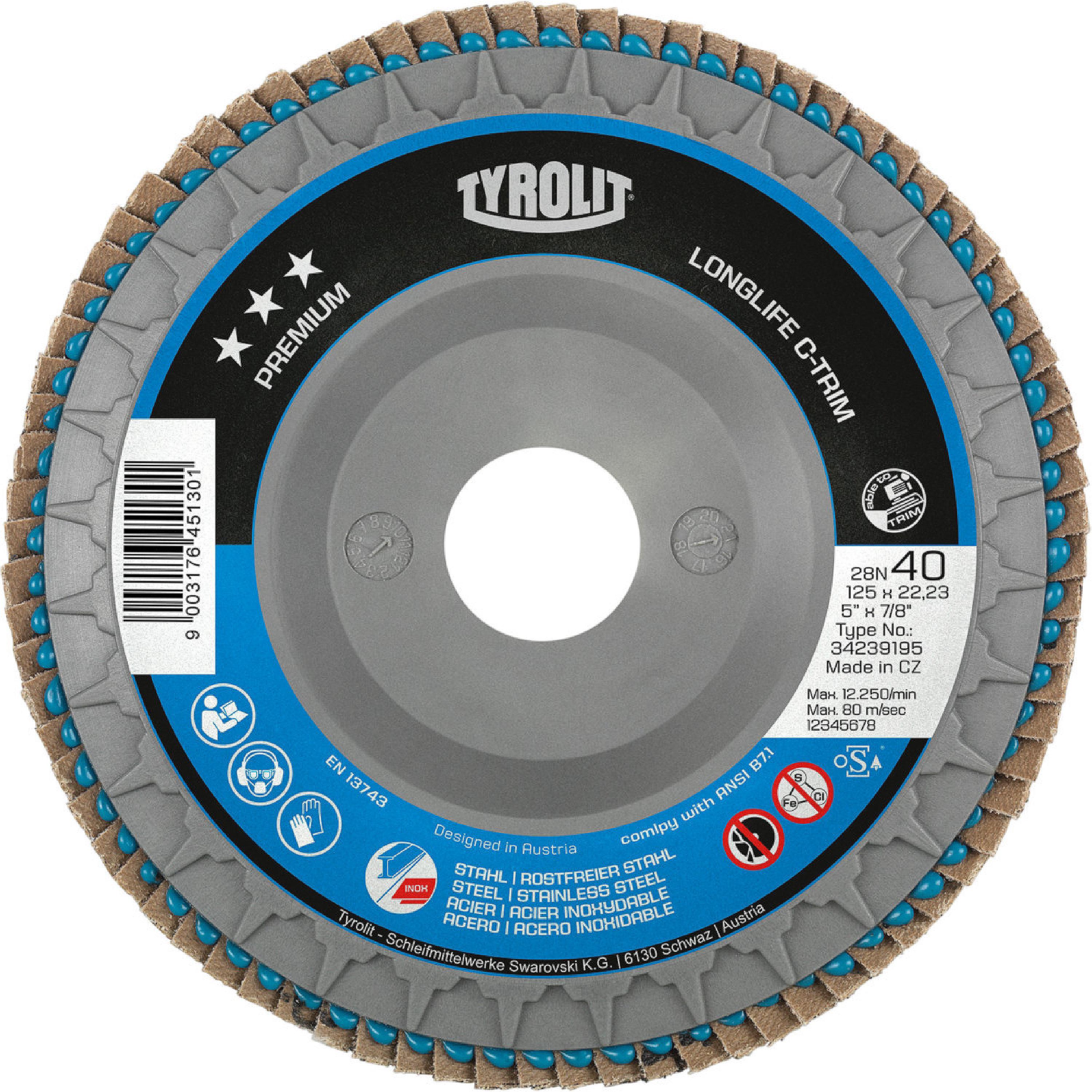 Tyrolit 34239195 Disque à Lamelles C-Trim Durable Premium Pour Acier Et Inox 125mm - Longue Vie Et Meulage Efficace